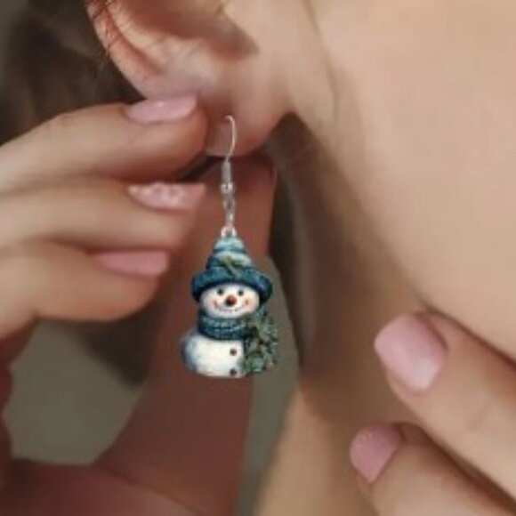 ♥️5 for $25♥️ Snowman Earrings, Acrylic 2D Blue Hat Snowman Drop Dangle Earrings - Picture 3 of 6